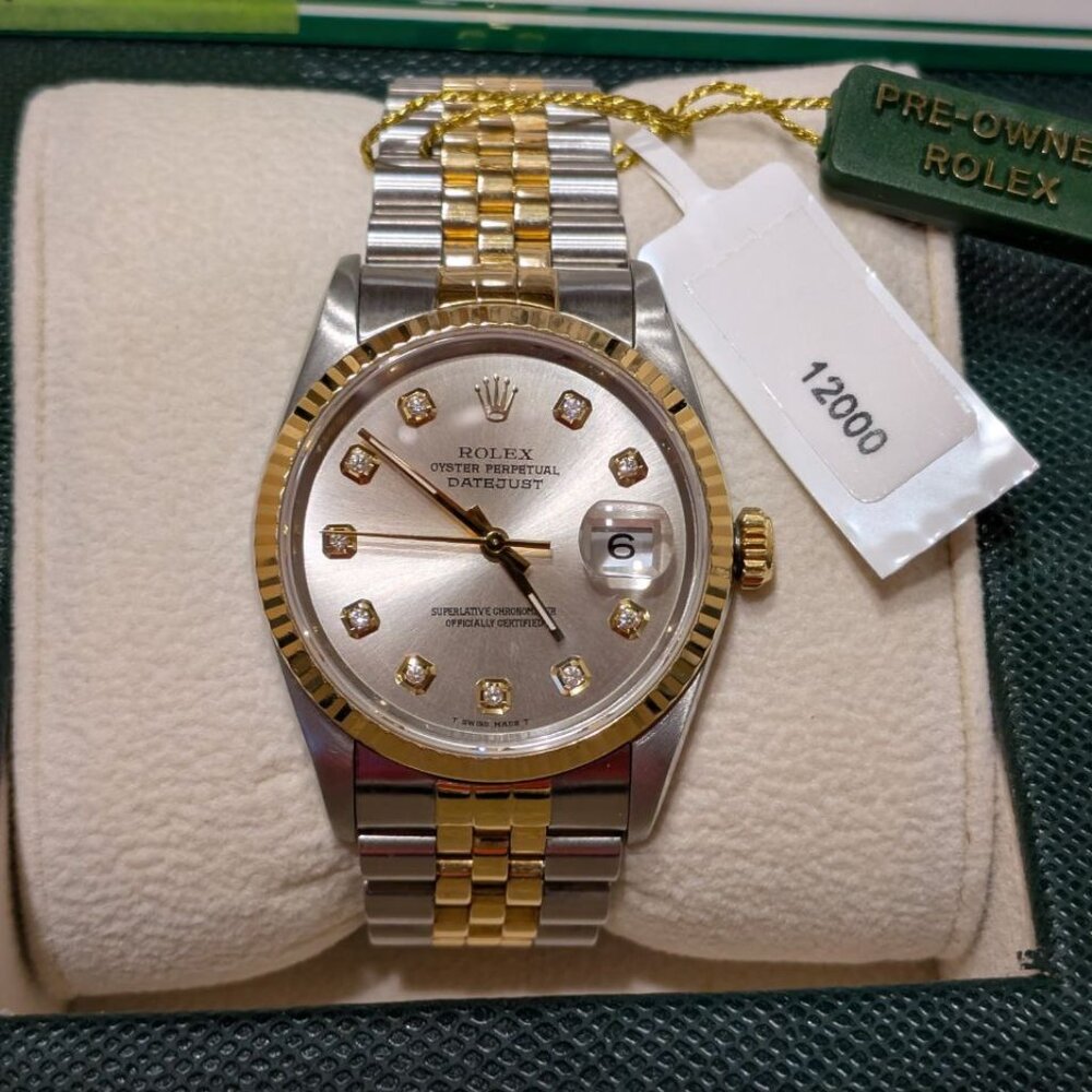 36 mm Rolex Datejust Silver Diamond Accent Dial Two Tone Jubilee Watch